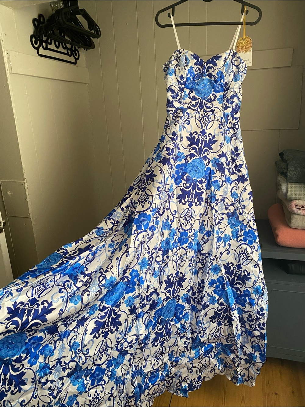 Strapless Blue Floral Print Evening Dress